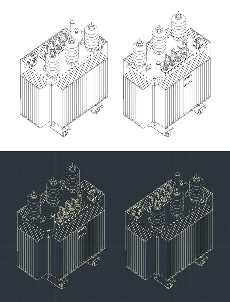 Power three-phase transformer isometric blueprints vector
