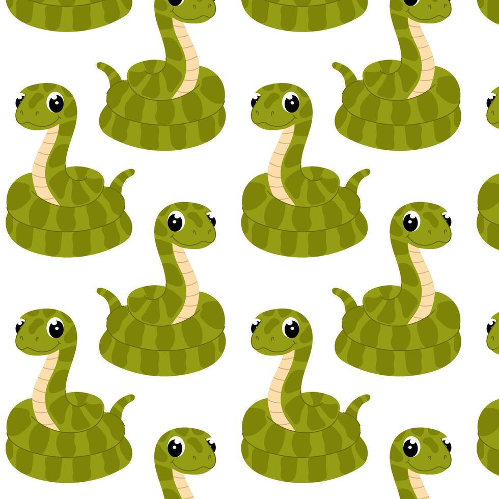 Pattern with green snake in flat styleon white background. Cartoon illustration of a viper on a white background. Symbol of the 2025 year. Pattern for textile, wrapping paper, background. vector