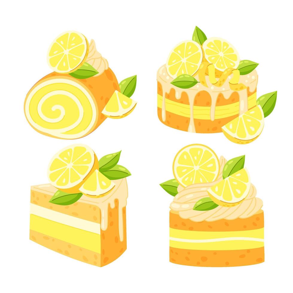 Set of sweet lemon cakes on white background. Lemon cake, bento cake. Citrus dessert. Flat cartoon design for postcards and stickers. vector