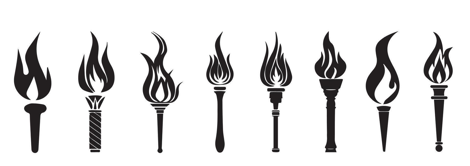 Olympic torch set. Isolated burning torches flames. The symbol of victory, success or achievement. World Games. vector