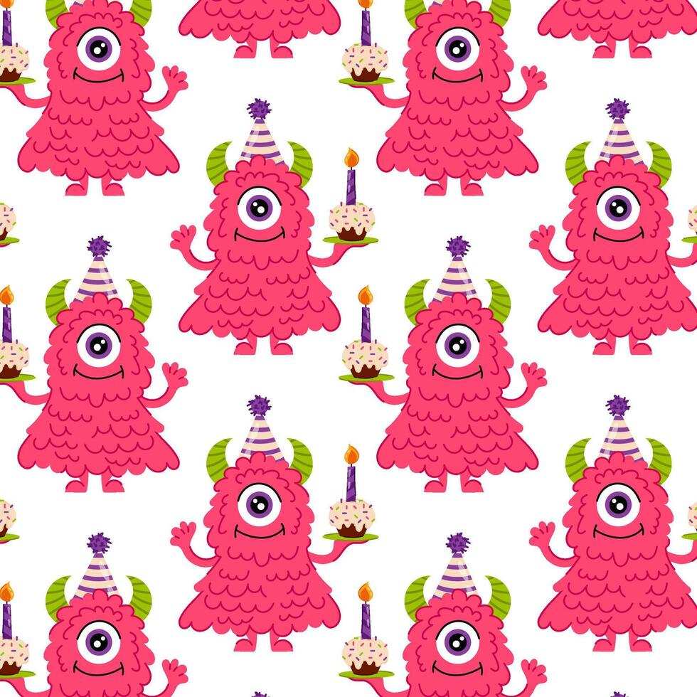 Fluffy pink monster with cake in flat style on a white background. Birthday pattern. Festive kids cartoon monster character. Pattern for textile, wrapping paper, background. vector