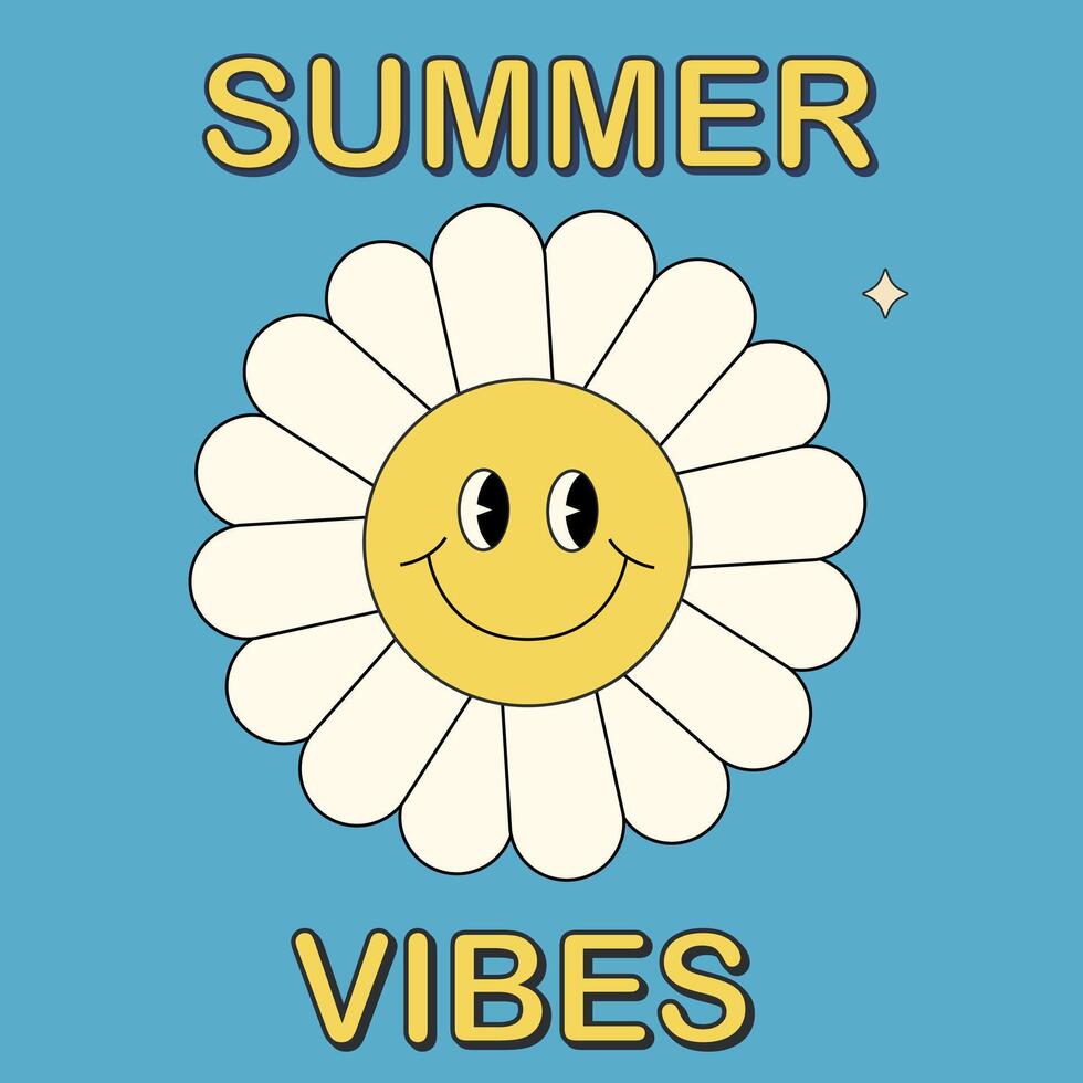 Funny daisy flower smiling face. Groovy summer vibes chamomile character mascot. Cartoon hippie 70s poster with lettering. logo card in trendy retro style. Bloom floral backgrounds vector