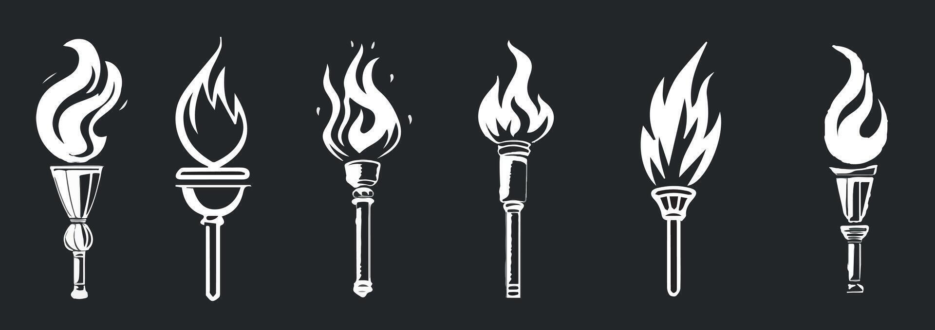 Olympic torch set. Set of traditional ancient Greek torch icons. Greece runner, Sport flame. Symbol of light and enlightenment. The symbol of victory, success or achievement. vector