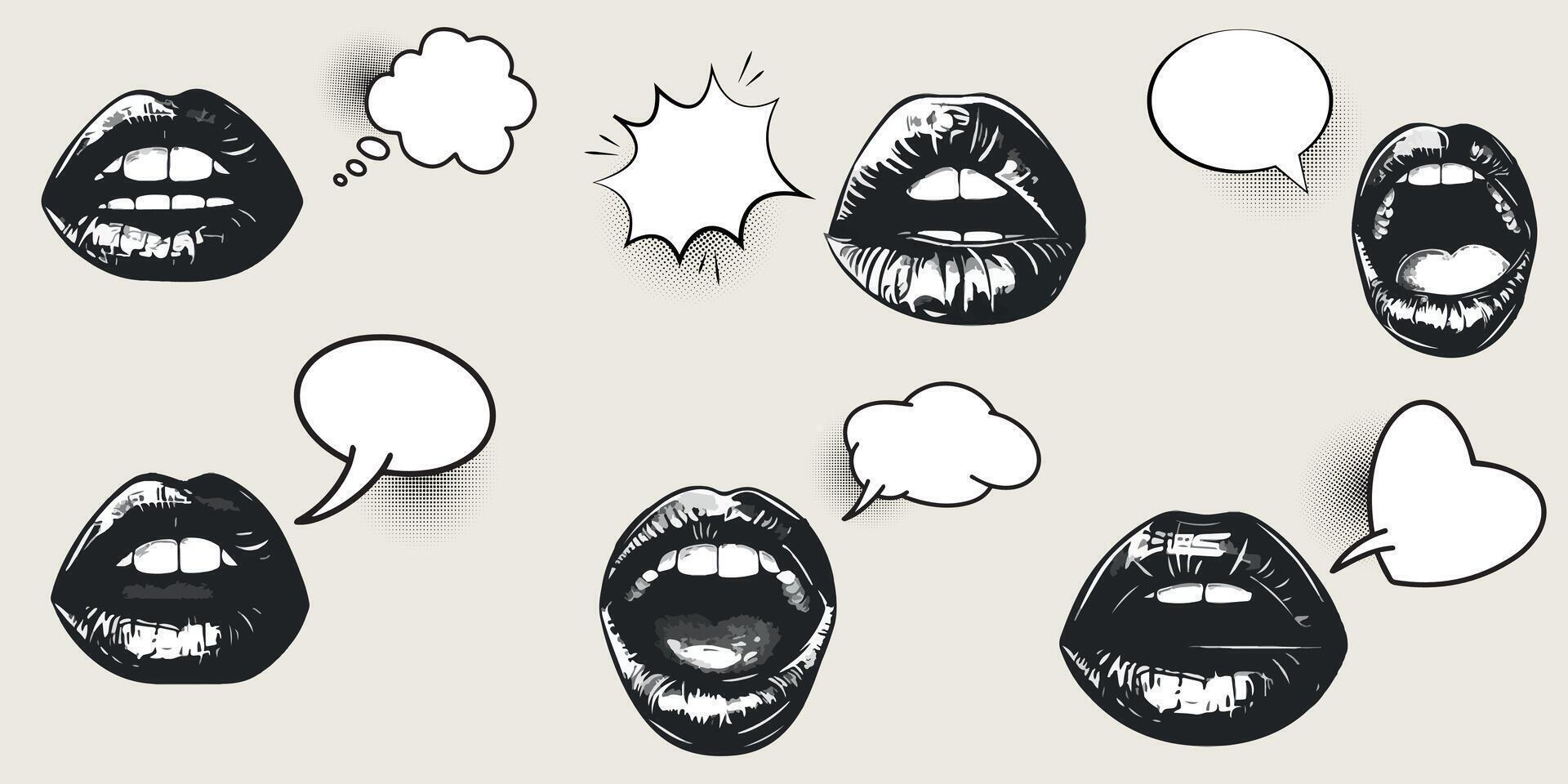 Set of speech bubbles, lips and mouth in the style of retro photocopies stipple effect, for grunge punk y2k collage design. Elements in vintage halftone brutalist design for banner or poster vector