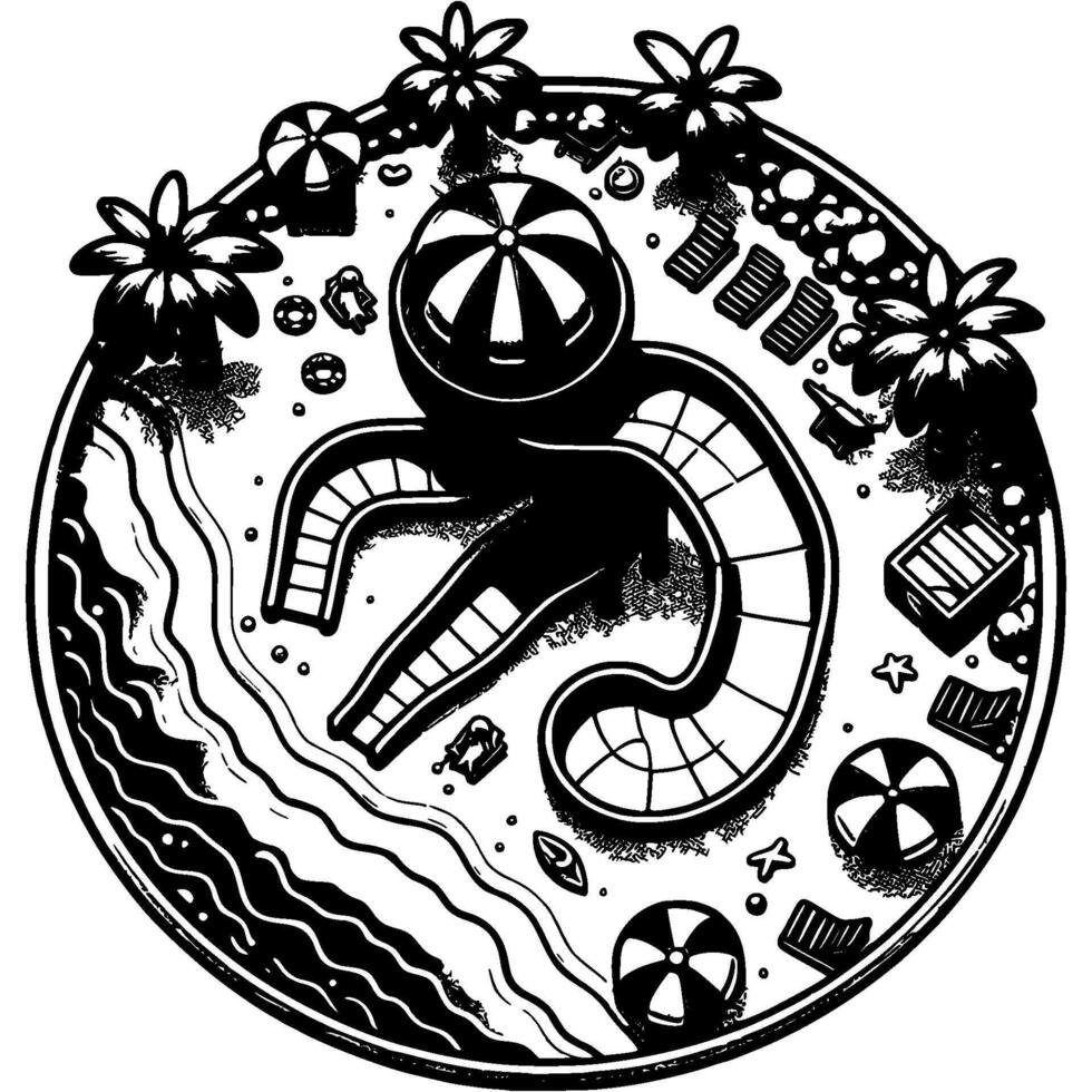 Children summer holiday destination in monochrome. Water park with slides and attractions. Simple minimalistic in black ink drawing on white background vector
