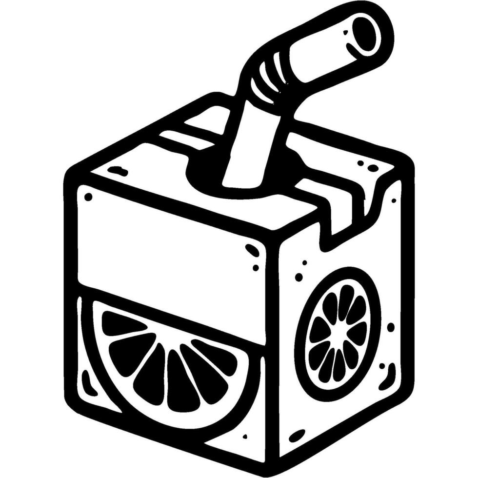 Lemonade box with orange beverage and drinking tube in monochrome. Cool summer product. Simple minimalistic in black ink drawing on white background vector