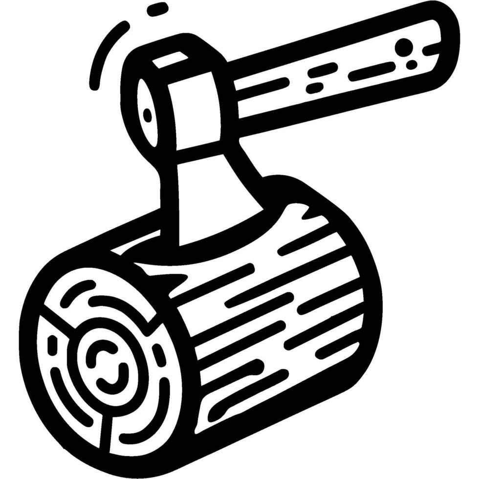 Ax stuck in log doodle icon. Cutting and preparing firewood for the winter. Simple minimalistic symbol in black on white background vector