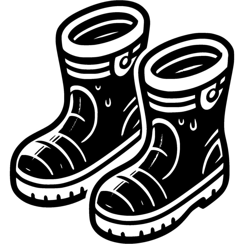 High rubber farm boots in monochrome. Safety shoes for gardening. Simple minimalistic in black ink drawing on white background vector
