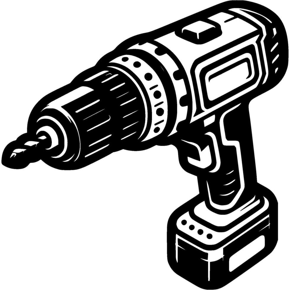 Portable cordless screwdriver in monochrome. Front side view. Simple minimalistic in black ink drawing on white background vector