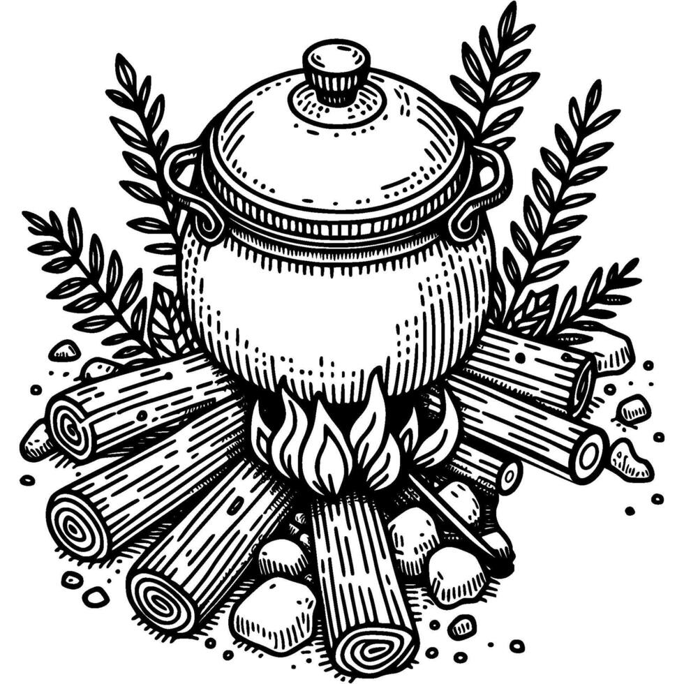 Tourist pot with food stands on hot fire in monochrome. Cooking outdoors. Simple minimalistic in black ink drawing on white background vector