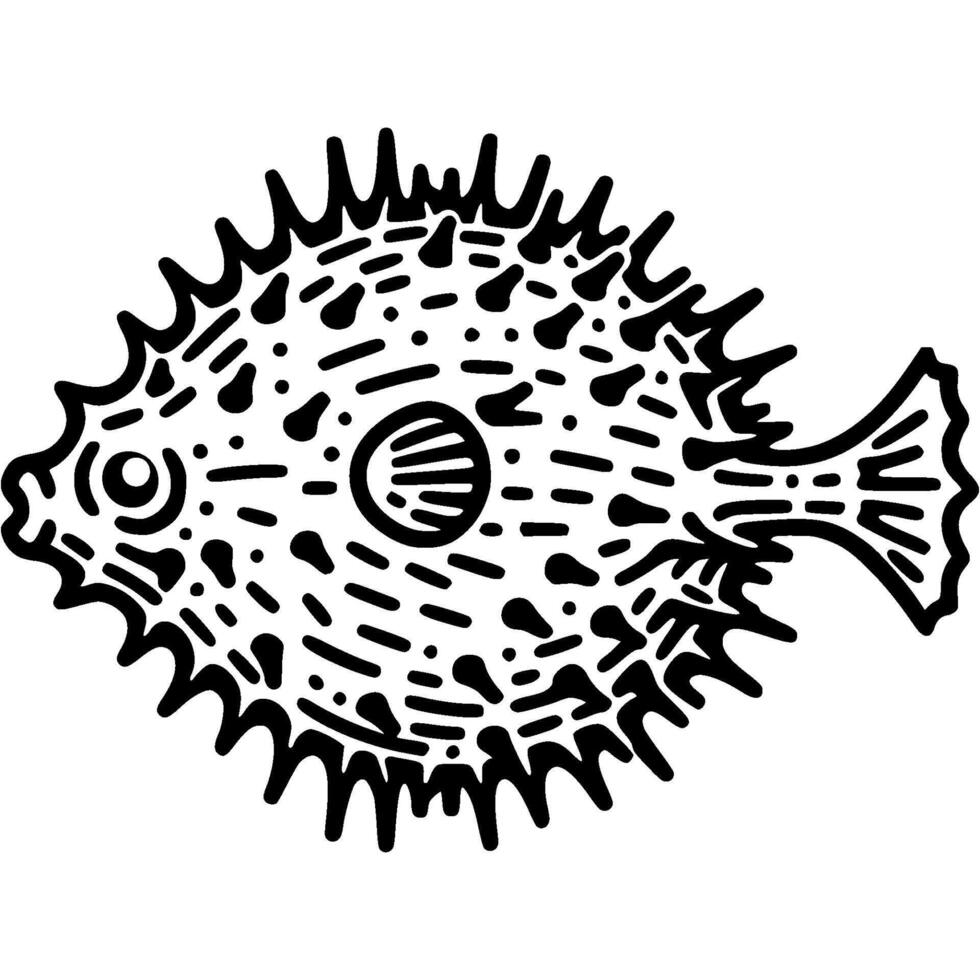 Spiny pufferfish doodle icon. Dangerous poisonous fish. Simple minimalistic symbol in black on white background vector