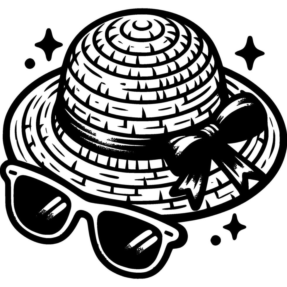 Women straw hat decorated with bow and sunglasses in monochrome. Summer beach headdress. Simple minimalistic in black ink drawing on white background vector