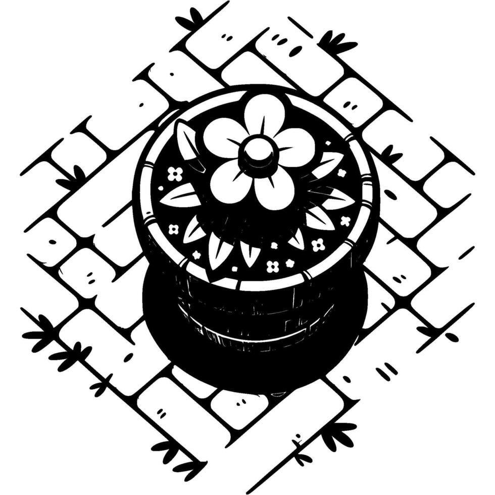 Ceramic pot with flowering plant top view in monochrome. Growing outdoor plants. Simple minimalistic in black ink drawing on white background vector