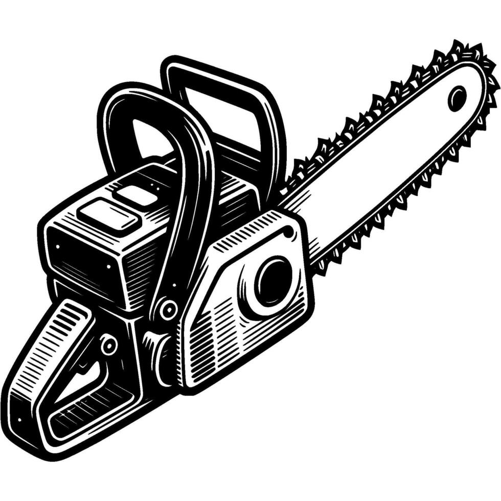 Chainsaw with comfortable handles in monochrome. Rear view from above at angle. Simple minimalistic in black ink drawing on white background vector