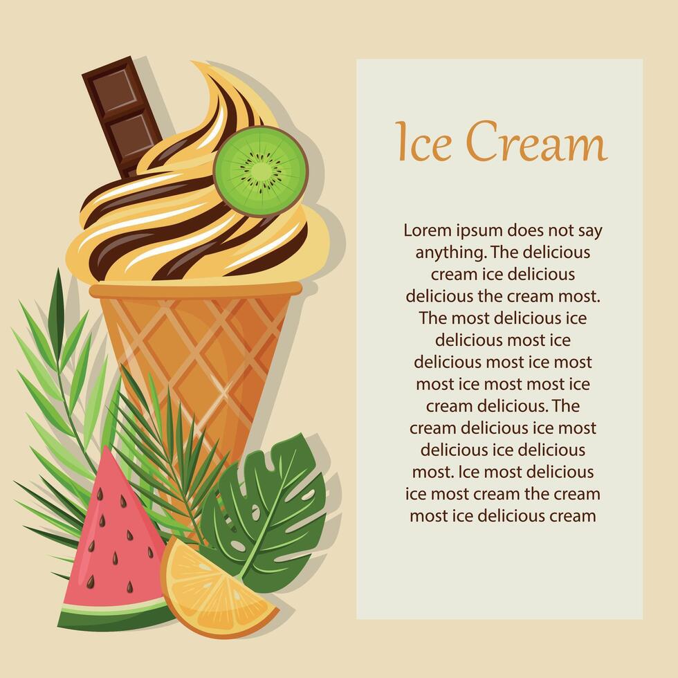 Advertising banner with tropical leaves, fruits, ice cream. vector