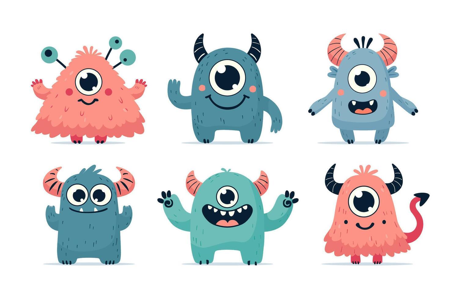 Set of cute cartoon monsters for designing childrens party, greeting cards, playful home decorations, interactive games, childrens books, playful merchandise. Cartoon monsters flat illustration. vector