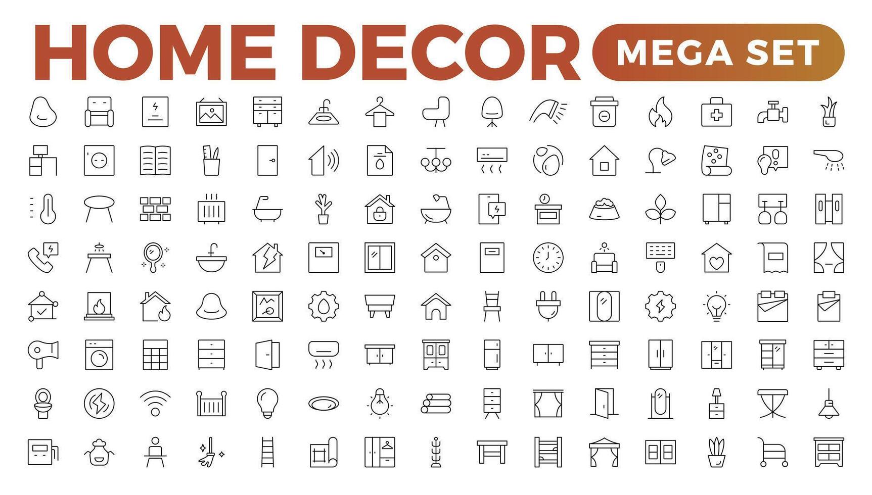 Set of furniture and home decor related icon set. home decor, decorations line icons. Contains such Icons as Children's Bed, Sofa, Hanger and more. Linear icon illustration collection. vector