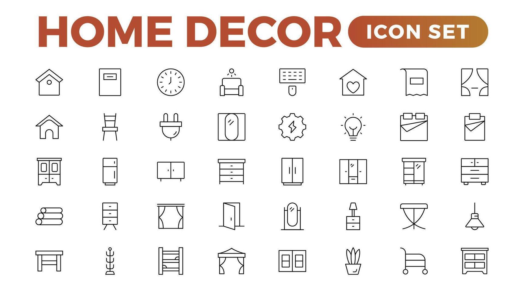 Set of furniture and home decor related icon set. home decor, decorations line icons. Contains such Icons as Children's Bed, Sofa, Hanger and more. Linear icon illustration collection. vector