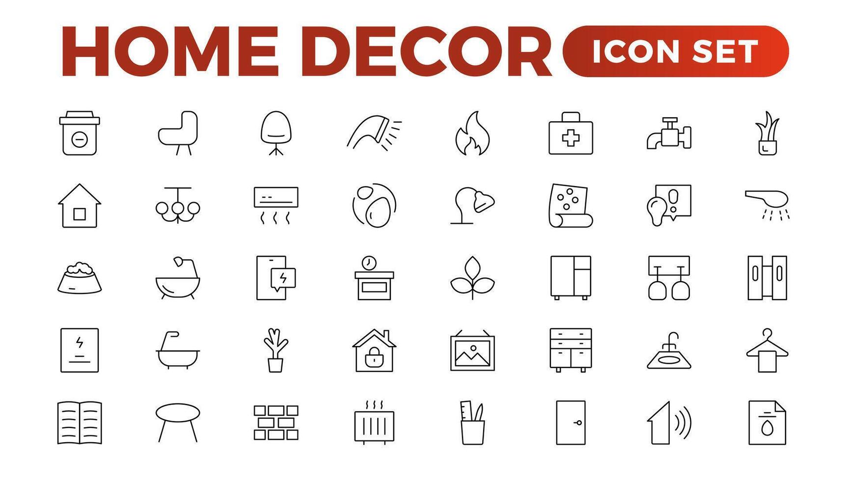 Set of furniture and home decor related icon set. home decor, decorations line icons. Contains such Icons as Children's Bed, Sofa, Hanger and more. Linear icon illustration collection. vector