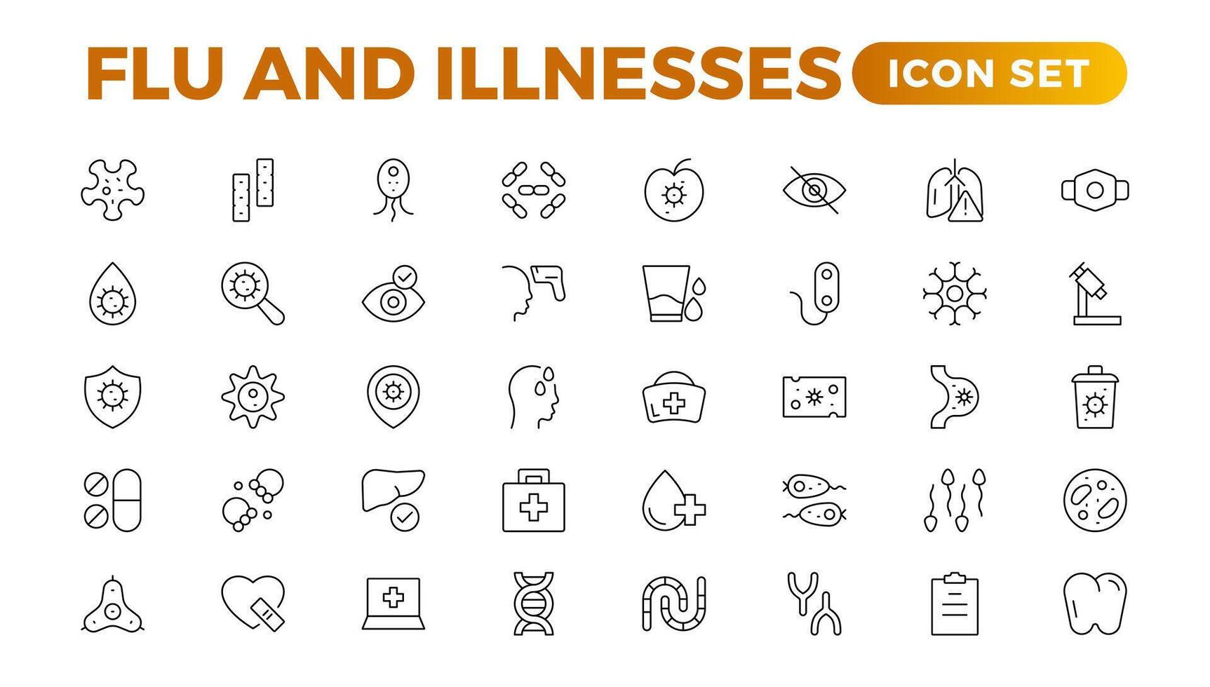 Set of Flu and Illnesses line icons. Collection of linear icons such as hygiene, disinfection, symptoms, treatment, virus, prevention, cancer, coronavirus, mental illnesses, and more. vector
