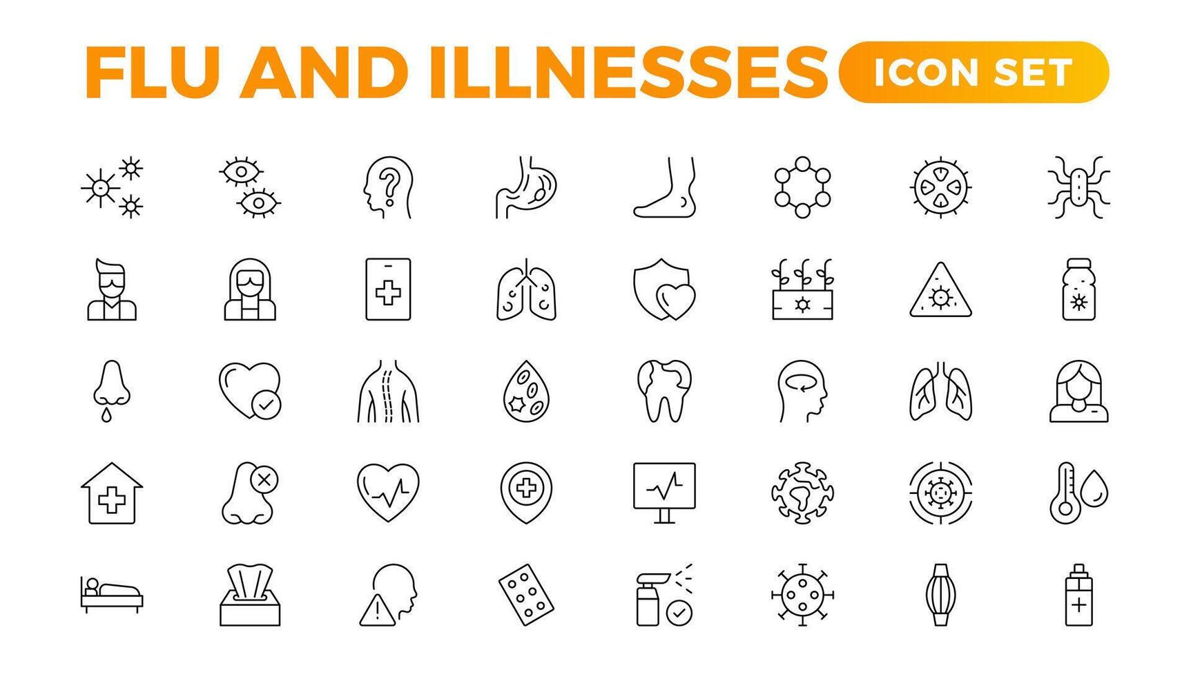 Set of Flu and Illnesses line icons. Collection of linear icons such as hygiene, disinfection, symptoms, treatment, virus, prevention, cancer, coronavirus, mental illnesses, and more. vector