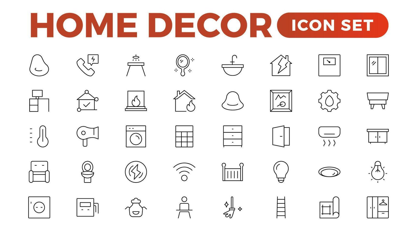 Set of furniture and home decor related icon set. home decor, decorations line icons. Contains such Icons as Children's Bed, Sofa, Hanger and more. Linear icon illustration collection. vector