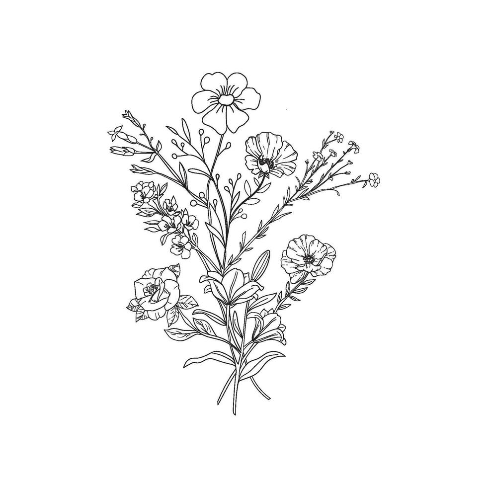 minimalist simple wildflower bouquets doodle drawing vector