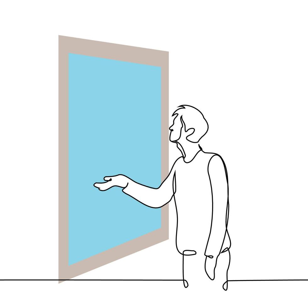 man sticks his hand out of the window, he checks whether it is raining outside - one line art . rain or snow concept vector