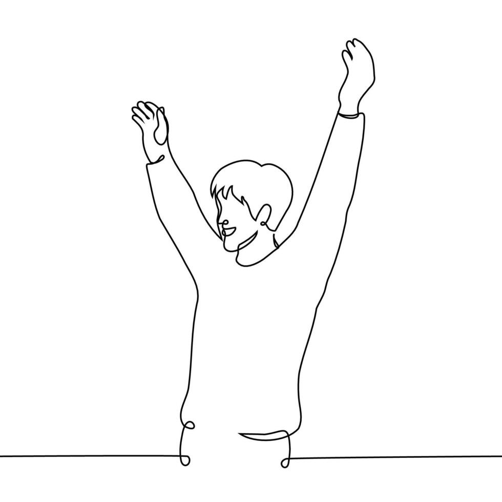 exciting man smiling happily raising both hands up - one line art . concept man glad, happy, positively excited vector