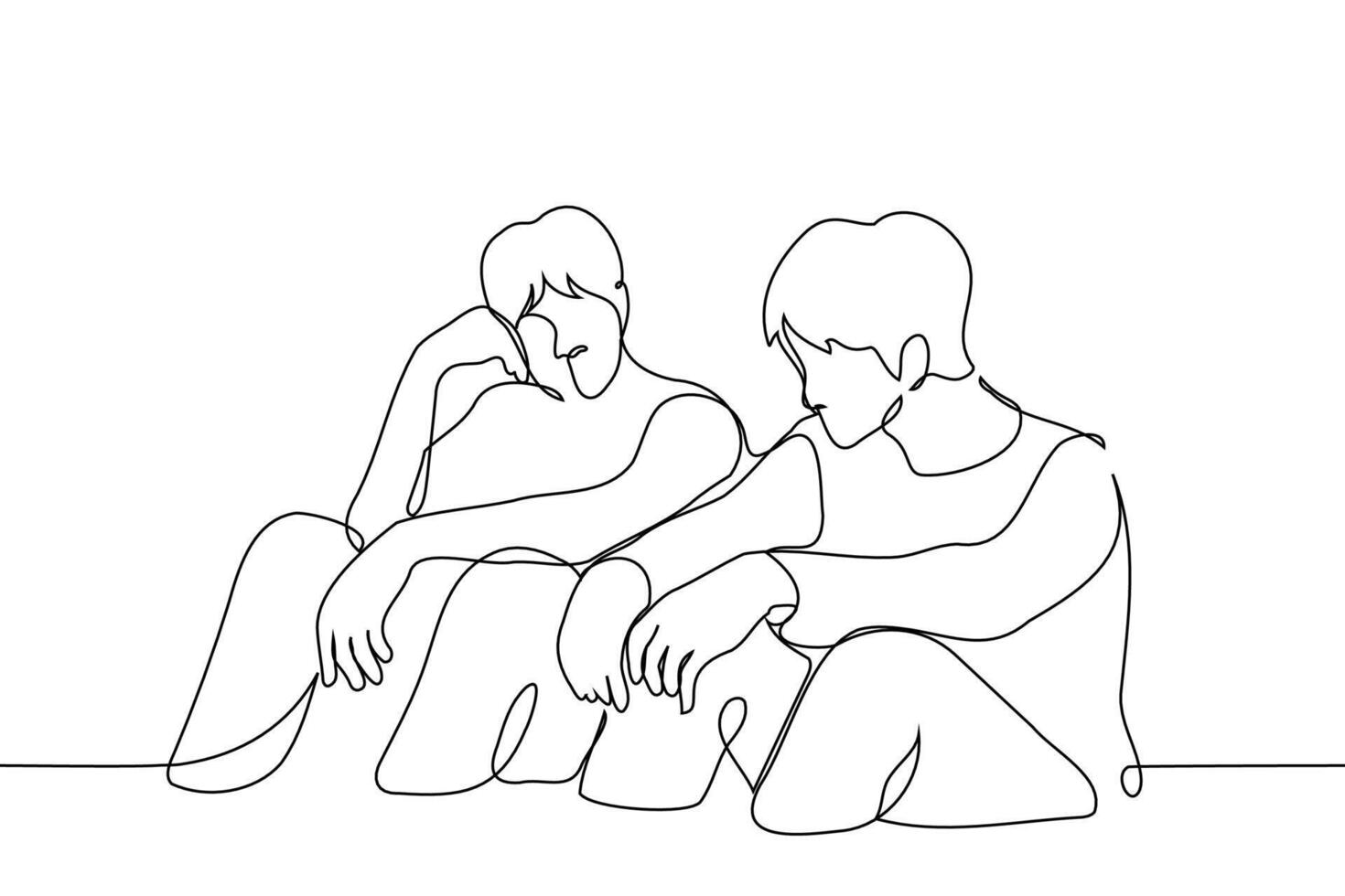 two men sit side by side on the floor or ground resting their outstretched arms on their knees - one line art . concept of friends talking, waiting together vector