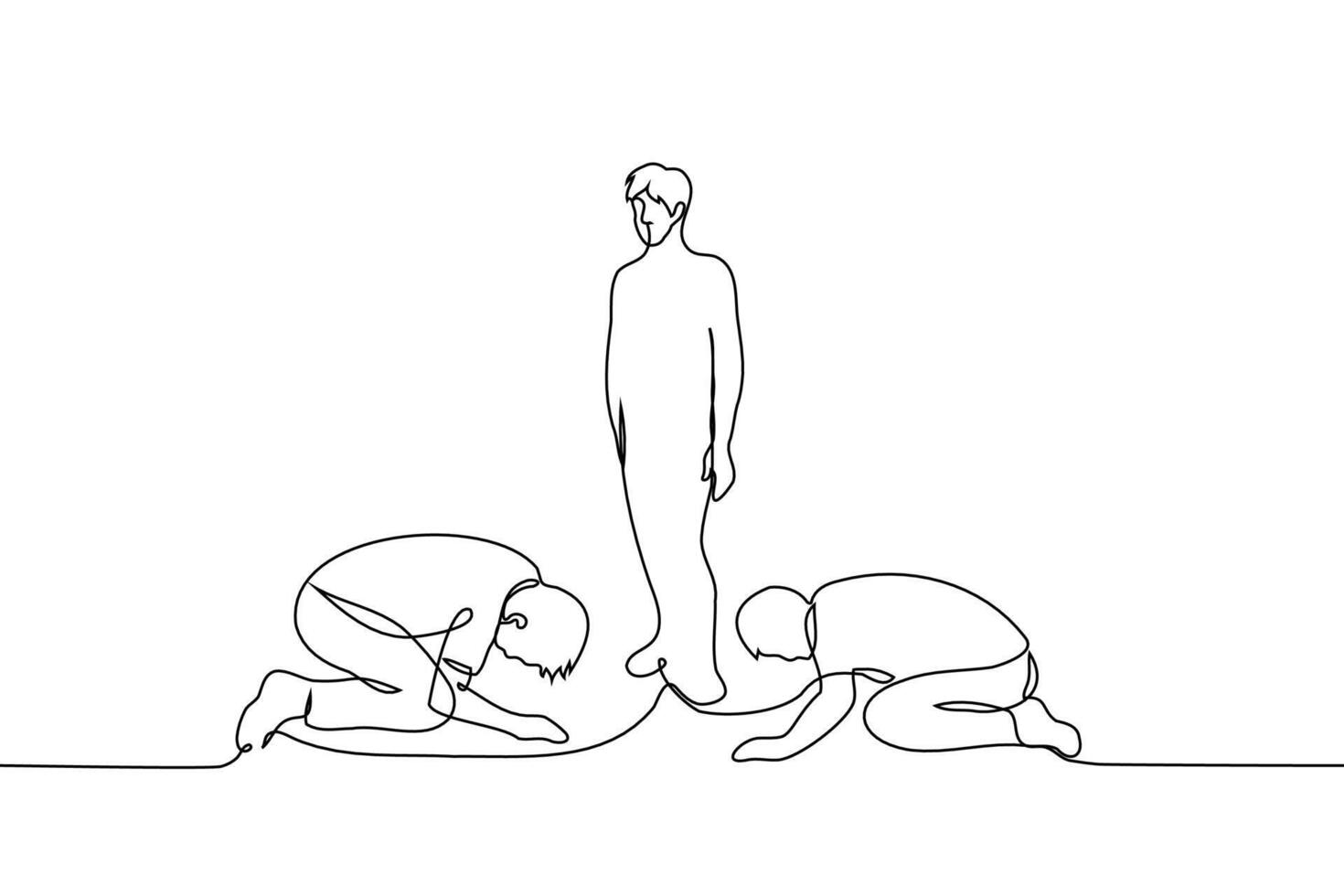 men knelt in a low bow with their heads to the floor in front of the man standing in the center - one line art . male crush concept, influencer, alpha and beta men, sectarianism, hierarchy vector