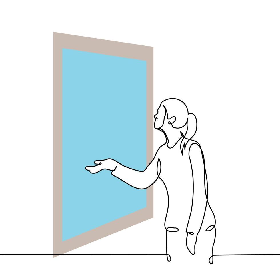 woman sticks his hand out of the window, he checks whether it is raining outside - one line art . rain or snow concept vector