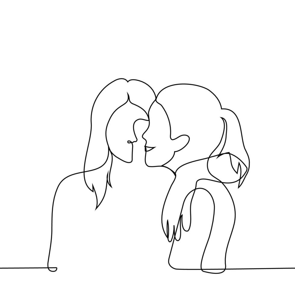 woman hugging smiling woman - one line art . concept two women in happy relationship, same sex friends or sisters hug vector