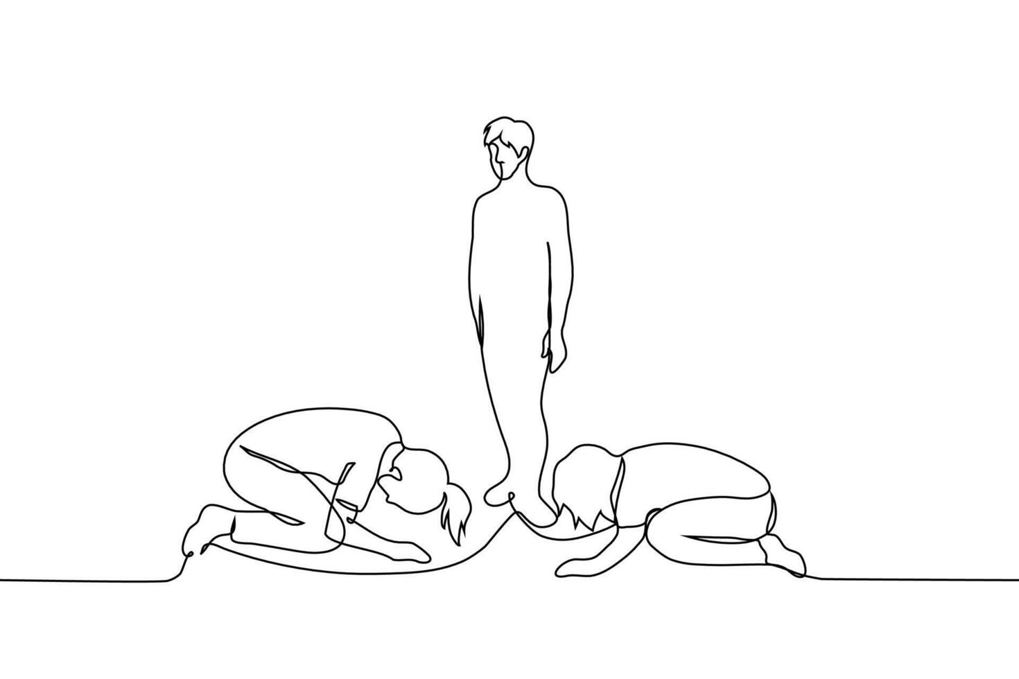 women knelt in a low bow with their heads to the floor in front of a man standing in the center - one line art . concept choose me, idolatry, sectarianism vector