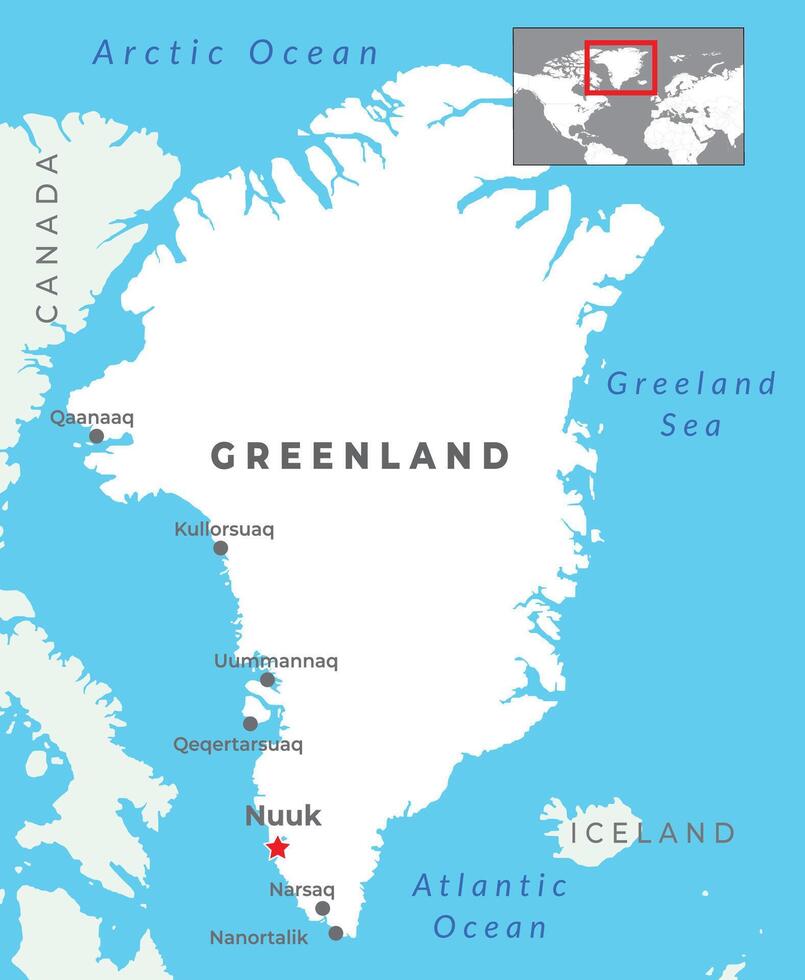 Greenland Political Map with capital Nuuk with most important cities vector