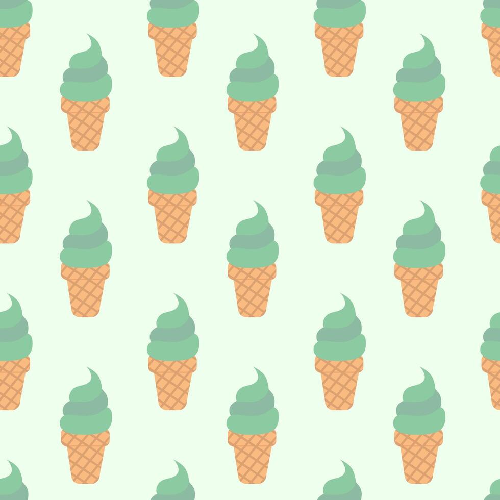 Seamless pattern. Ice cream pistachio or mint in waffle cone. Summer time sweet food background. flat illustration. vector