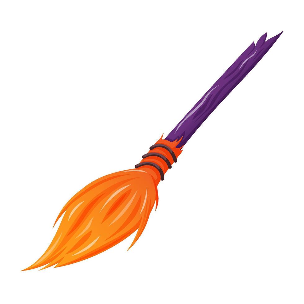Halloween witch broom in cartoon style. Broomstick icon. Magic wooden besom for decoration and design. illustration isolated on a white background. vector