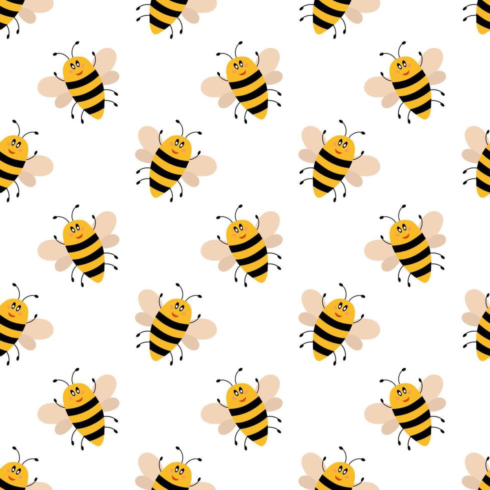 cute cartoon smiling bee seamless pattern. Funny bumblebees background. flat illustration. vector