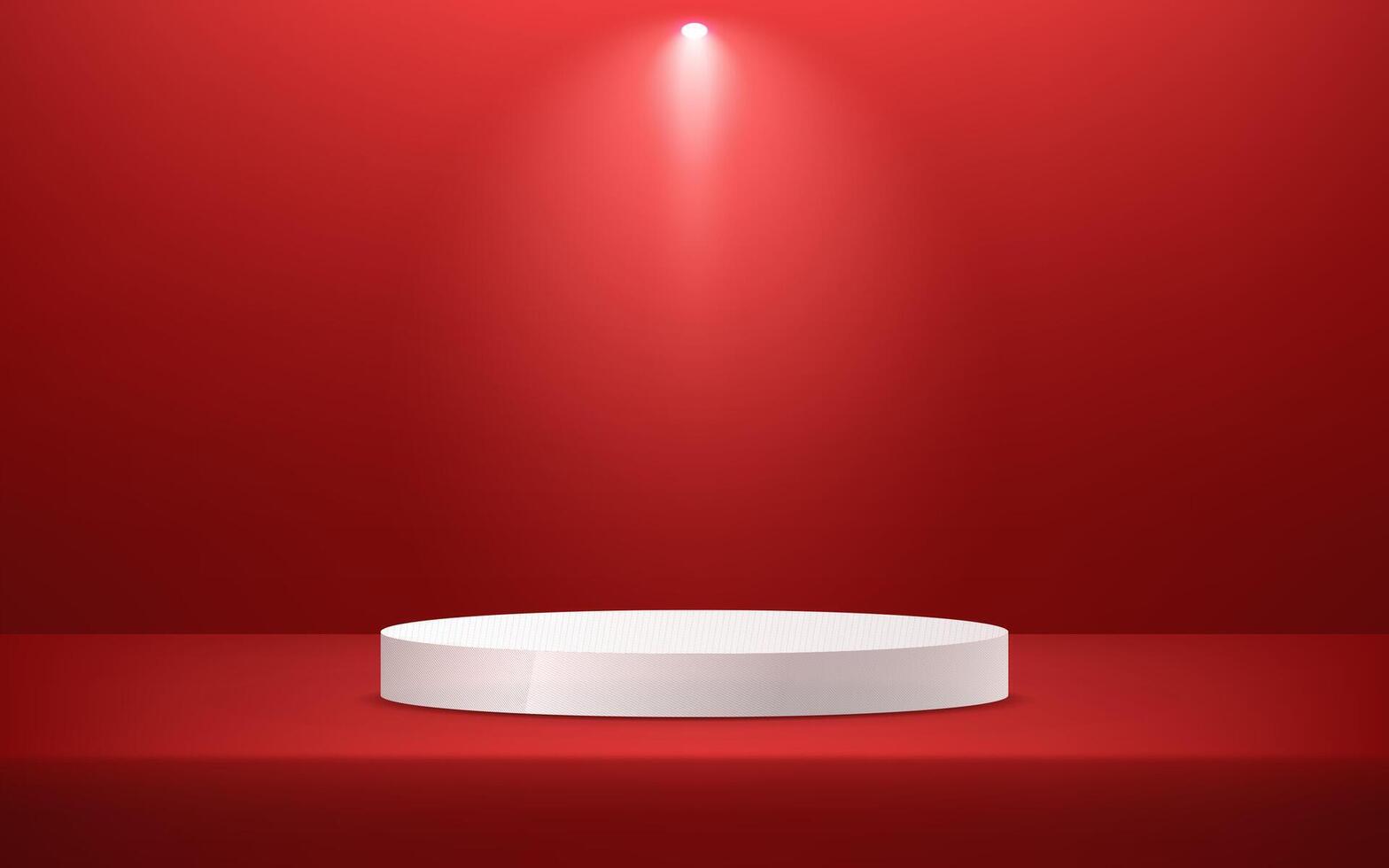 White cylinder pedestal podium. Empty Red studio room background. Empty room with spotlight effect. Use for product display presentation, cosmetic display mockup, showcase, media banner, etc. vector