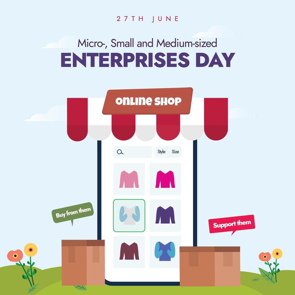 Micro, Small and Medium sized enterprises day. 27th June MSME day banner with an online business concept with a smartphone screen. Supporting and helping small businesses for sustainable growth. vector