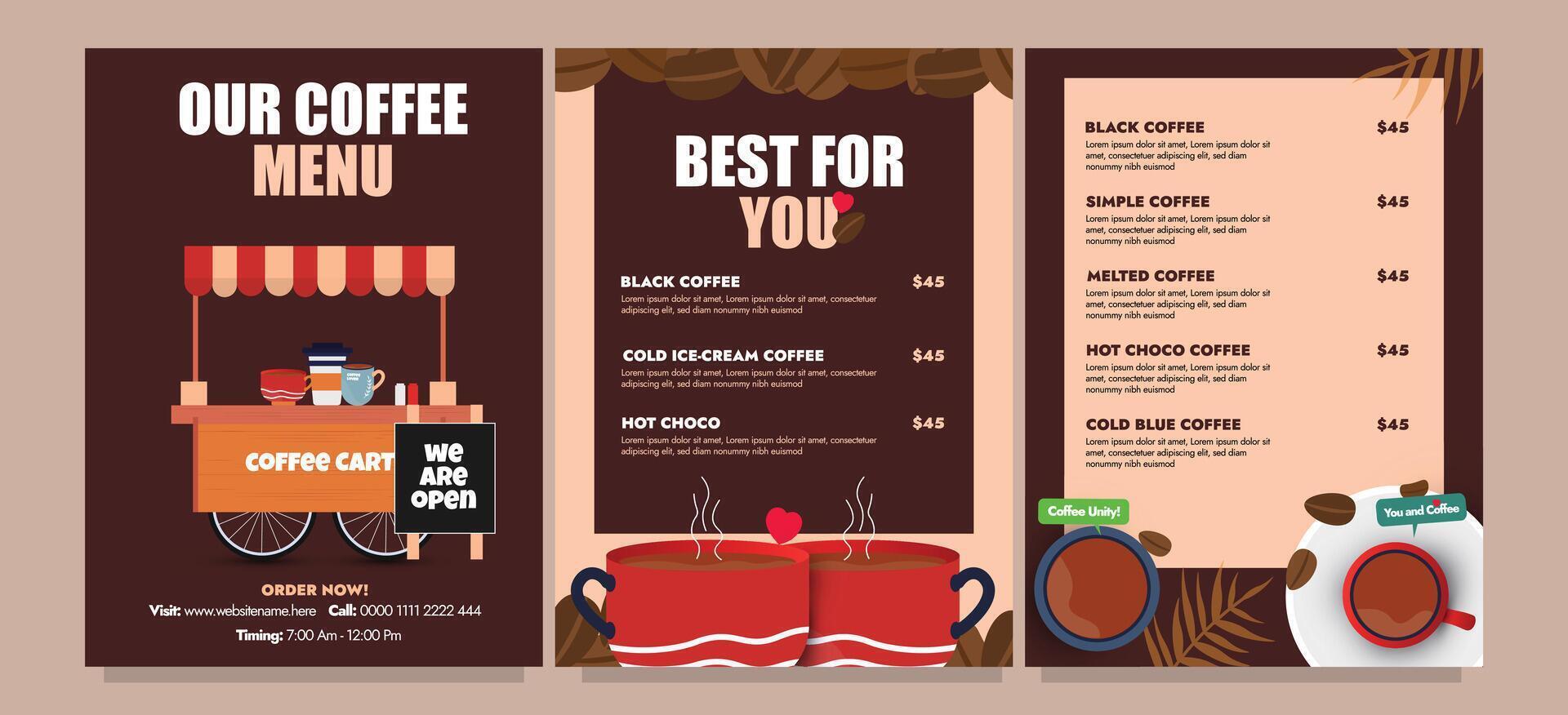 Coffee shop, cafe Menu flyer. Coffee shop, restaurant menu brochure template. Menu brochure template in dark brown coffee and chocolate theme with cups and beans. vector