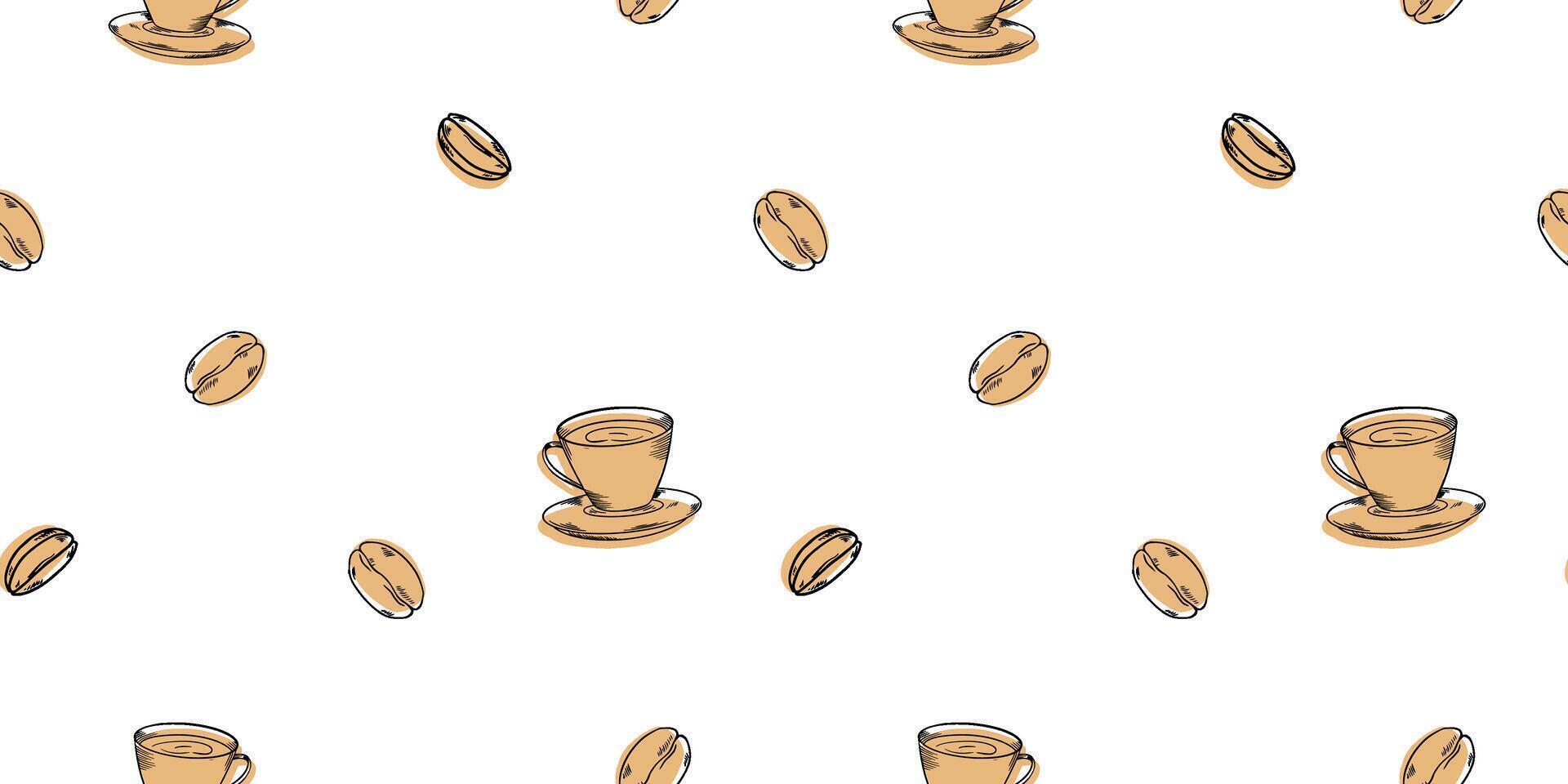 Coffee linear design. Abstract graphic cup, pot, grain. contour golden pattern on black background. Art background for cafe shop vector