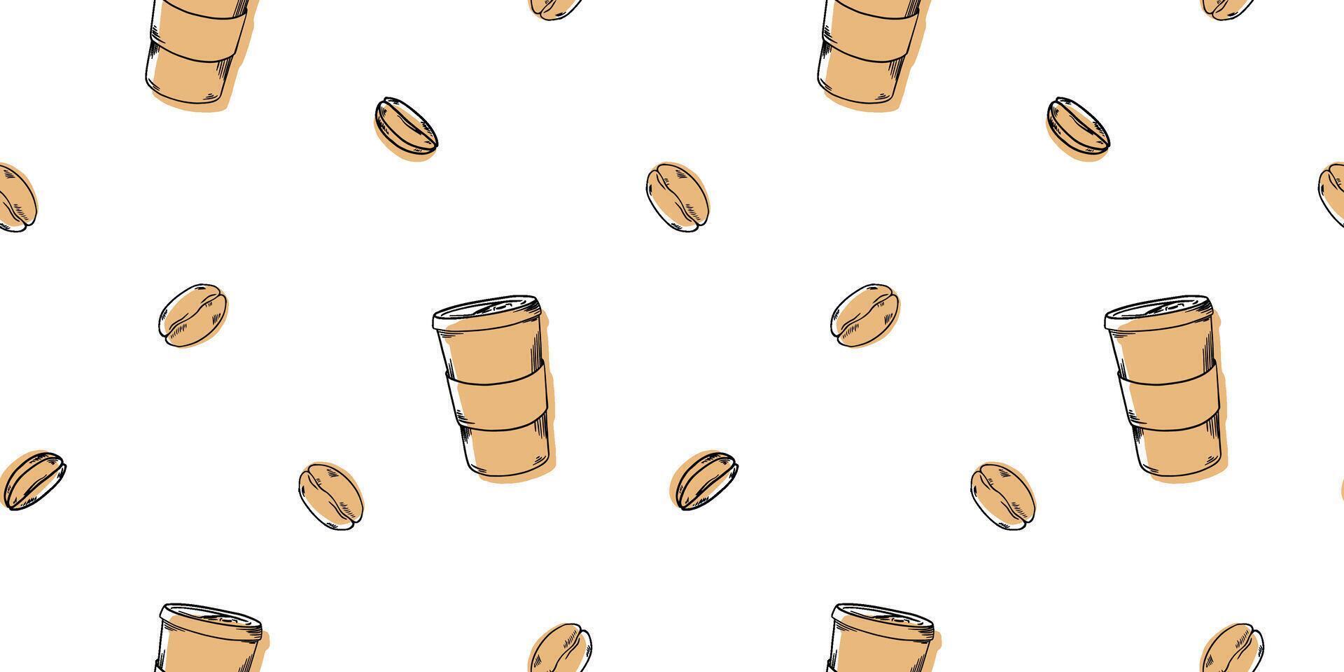 Coffee linear design. Abstract graphic cup, pot, grain. contour golden pattern on black background. Art background for cafe shop vector