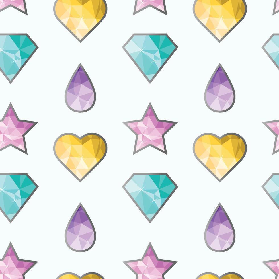 Seamless pattern of diamonds and crystals of different colors and shapes. vector