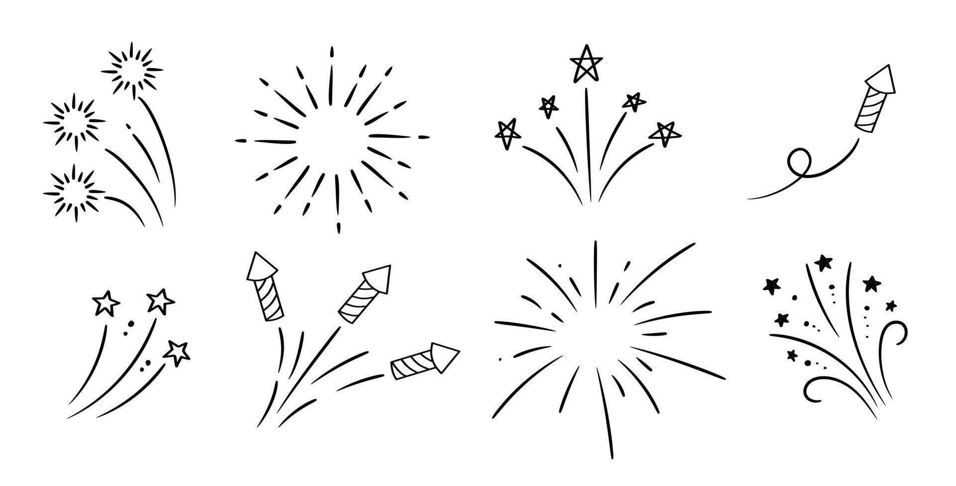 Hand drawn fireworks and stars collection. Doodle sketch. Linear explosions set. vector