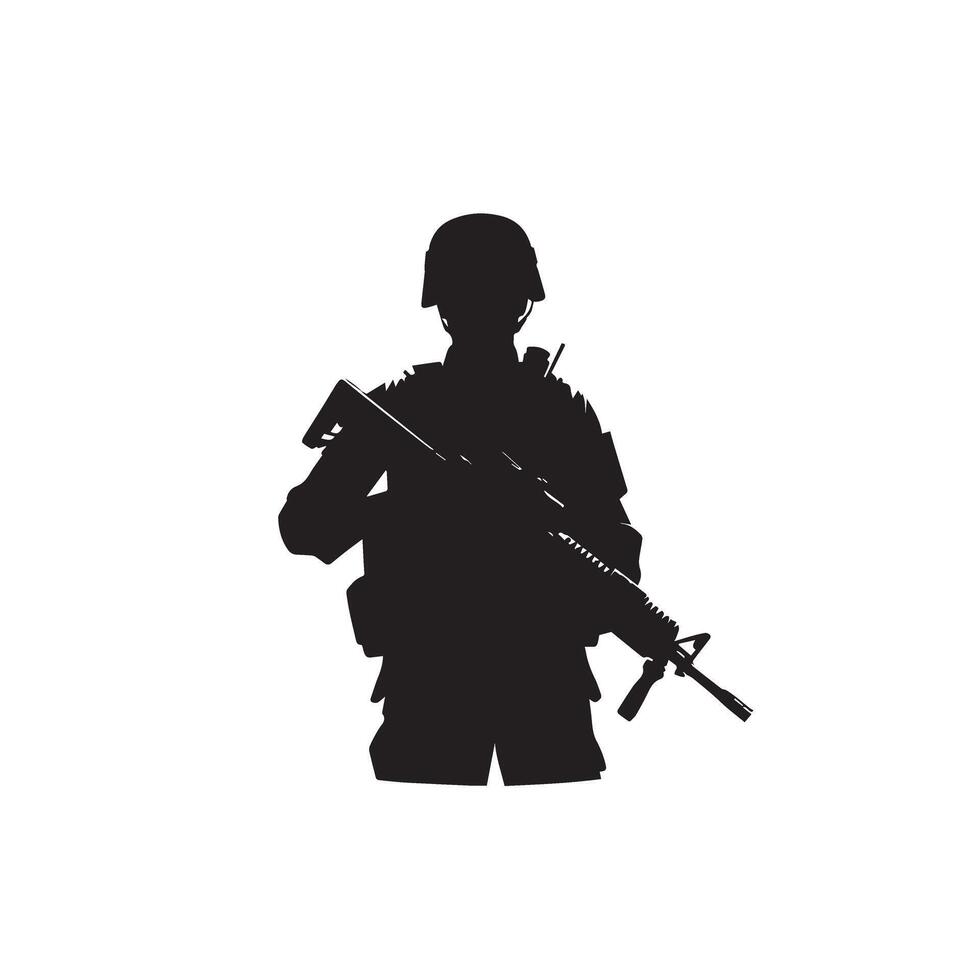 Solder silhouette with gun. Army solder black icon. vector