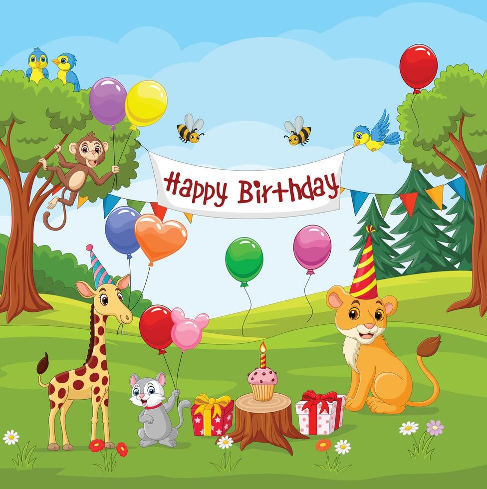 Happy birthday greetings with funny animals on the nature landscape background vector