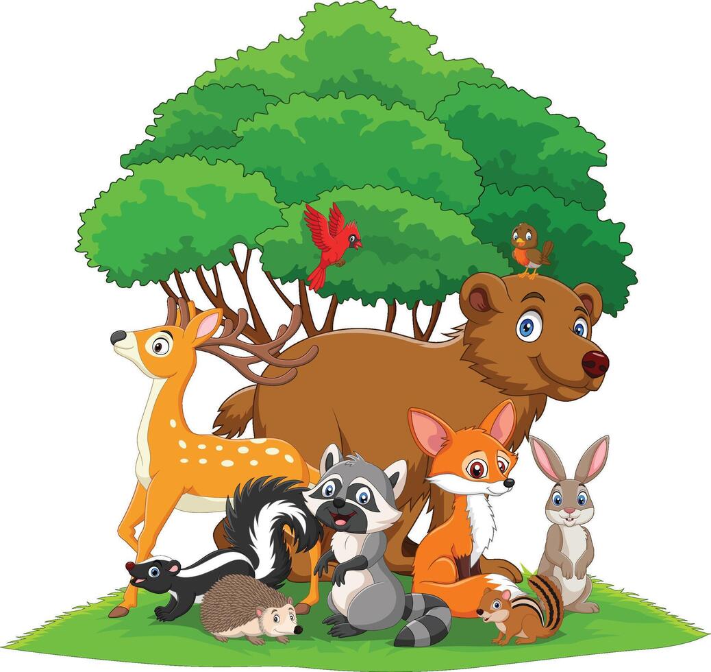 Illustration of cartoon funny wild animals in the nature vector
