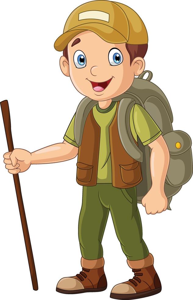 Cartoon hiker boy with walking stick vector