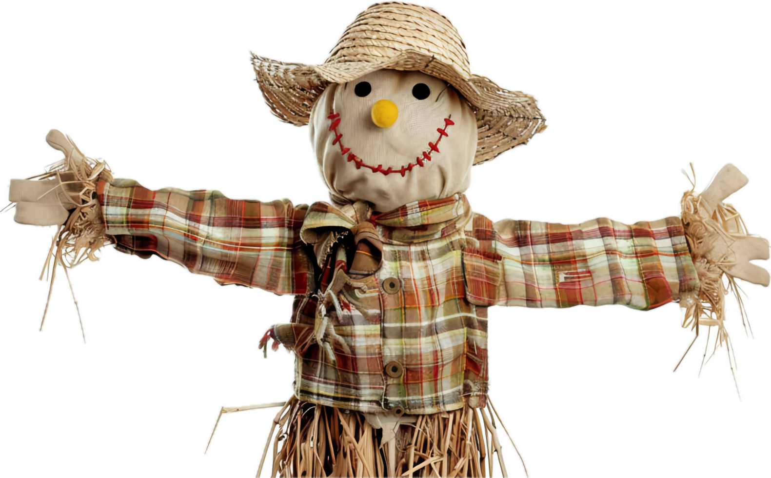 Cheerful Scarecrow in Plaid Shirt and Straw Hat. png